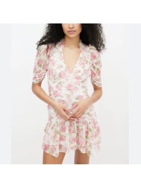 LoveShackFancy Arlo Silk Pink Floral V-Neck Ruffle Mini Dress